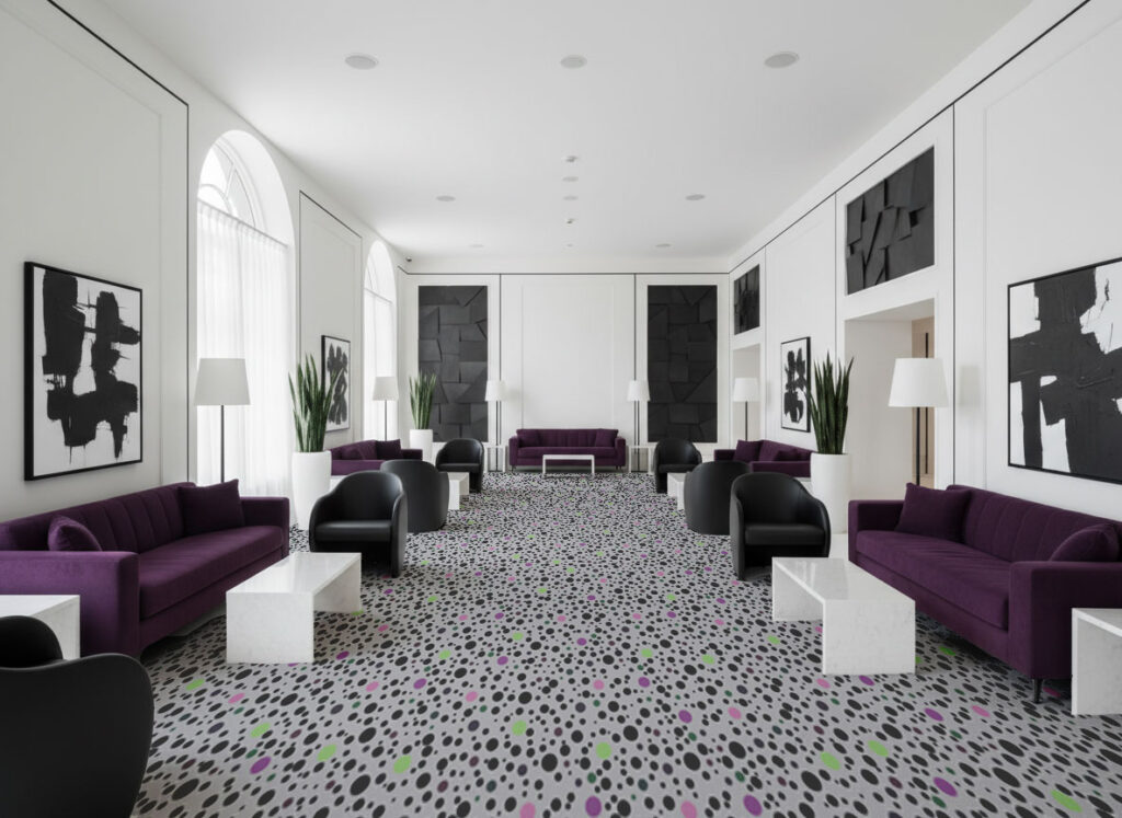 AI rendering of a long waiting room. The flooring features a polka dot vandalea tile that avoids repeating patterns while instead is both random and seamless the entire distance. 