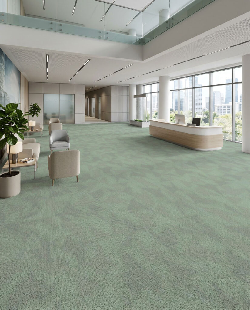 AI reception lobby super imposed with Vandalea- one tile that stays seamless in any direction resulting in beautiful non-repeating patters